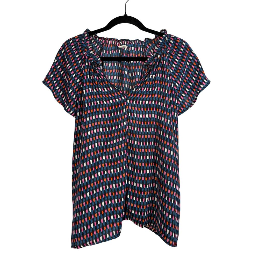 GAP Geo Print Ruffle Sleeve Split Neck Blouse Top Office Casual Size Large